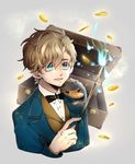  blue_eyes bow bowtie brown_hair coin fantastic_beasts_and_where_to_find_them freckles grey_background highres magic male_focus newt_scamander niffler open_mouth seitarou simple_background sparkle suitcase teeth upper_body wand 