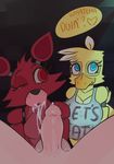  &lt;3 animatronic anthro avian balls beak bird black_nose blue_eyes breasts canine chica_(fnaf) cleavage clothed clothing crossgender cum cum_on_face cum_on_penis cum_string dark dialogue digital_media_(artwork) english_text erection featureless_breasts fellatio female five_nights_at_freddy&#039;s fox foxy_(fnaf) group hi_res human human_on_anthro humanoid_penis interspecies machine male male/female mammal non-mammal_breasts oral oral_penetration penetration penis red_eyes robot sex somescrub text video_games 