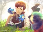  artist_name bird book brown_hair diricawl fantastic_beasts_and_where_to_find_them freckles grass green_eyes jippei leaf male_focus nature newt_scamander pencil tree 