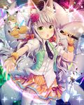  animal animal_ears black_neckwear blush eyebrows_visible_through_hair falkyrie_no_monshou flower fox fox_ears fox_girl fox_tail green_eyes grey_hair hair_flower hair_ornament holding holding_microphone long_hair looking_at_viewer microphone natsumekinoko necktie official_art open_mouth orange_skirt skirt tail x_hair_ornament 