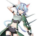  animal_ears arm_up black_ribbon black_shorts blue_eyes blue_hair bow_(weapon) breastplate cat_ears cat_tail cowboy_shot hair_ribbon holding holding_bow_(weapon) holding_weapon looking_at_viewer midriff navel official_art ribbon short_hair_with_long_locks short_shorts shorts sidelocks sinon sinon_(sao-alo) smile solo standing stomach sword_art_online sword_art_online:_code_register tail thigh_strap transparent_background weapon 