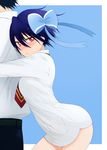  1girl absurdres black_hair black_pants blue_bow blue_hair blush bow gumyy hair_between_eyes hair_bow highres hug hug_from_behind looking_at_viewer naked_shirt necktie nisekoi pants parted_lips red_eyes red_neckwear shirt short_hair tsugumi_seishirou white_background white_shirt 