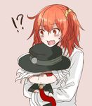  1boy 1girl bangs beige_background carrying chibi closed_mouth edmond_dantes_(fate/grand_order) eyebrows_visible_through_hair fate/grand_order fate_(series) fujimaru_ritsuka_(female) grey_hair hair_between_eyes hair_ornament hair_scrunchie hat long_sleeves open_mouth orange_eyes orange_hair orange_scrunchie red_eyes scrunchie shaded_face simple_background sweat uraha wavy_hair 