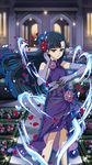  black_hair brown_eyes dress elbow_gloves floating_hair flower gloves hair_flower hair_ornament highres holding holding_knife knife knives_between_fingers long_hair looking_at_viewer night outdoors owari_no_seraph parted_lips purple_dress purple_flower purple_gloves red_flower sleeveless sleeveless_dress solo sparkle standing very_long_hair yukimi_shigure 