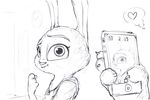  &lt;3 2016 4_fingers anthro black_and_white canine cellphone clothed clothing disney duo female first_person_view food fox judy_hopps lagomorph looking_at_viewer male mammal monochrome nick_wilde phone photo popcorn rabbit simple_background smile solo_focus sprinkah zootopia 