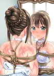  absurdres arms_behind_back back bangs bare_shoulders bdsm blush bondage bound bound_arms braided_bun breasts brown_hair choker clenched_hands collarbone crying crying_with_eyes_open dress earrings elbow_gloves eyebrows_visible_through_hair from_behind gloves green_eyes hair_bun highres idolmaster idolmaster_cinderella_girls jakelian jewelry looking_at_mirror medium_breasts mirror nape nose_blush parted_lips reflection sad scar shibari shibari_over_clothes shibuya_rin short_hair sidelocks solo strapless strapless_dress sweat tears tiara upper_body wedding_dress whip_marks white_dress white_gloves 