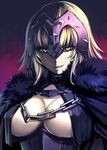  armor blonde_hair bosshi breasts capelet chain cleavage commentary_request eyebrows_visible_through_hair fate/grand_order fate_(series) fur_trim grin headpiece highres jeanne_d'arc_(alter)_(fate) jeanne_d'arc_(fate)_(all) large_breasts smile teeth underboob upper_body yellow_eyes 