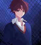  bangs chain-link_fence citron_82 collared_shirt fate/prototype fate_(series) fence green_eyes looking_at_viewer male_focus parted_lips perseus_(fate) purple_hair shirt smile solo sweater upper_body white_shirt 