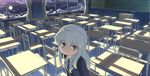  blue_eyes blue_neckwear chair chalkboard classroom cloud cloudy_sky desk eyebrows_visible_through_hair indoors long_hair looking_at_viewer monosenbei moon nahata_sana_(monosenbei) necktie night night_sky original school_chair school_desk silver_hair sky solo window 