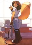  2017 anthro beverage blue_eyes boots breasts brown_hair butt butt_pose canine clothed clothing coffee construction_worker day female fluffy fluffy_tail footwear fox hair hi_res holding_cup jeans looking_at_viewer looking_back lunch_box mammal outside pants rosa_(woadedfox) shirt side_boob smile solo standing steel_beam woadedfox 