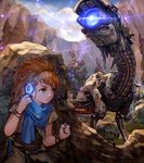 aloy_(horizon) bracelet commentary_request glowing grass green_eyes hairband hiding highres horizon_zero_dawn jewelry lf_(paro) robot rock scarf serious tree younger 