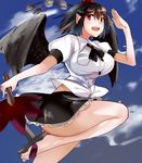  arm_up bare_legs black_bow black_hair black_neckwear black_skirt black_wings blue_sky blush bow bowtie breasts buttons cloud collared_shirt commentary_request day dress_shirt fan flying frilled_skirt frills geta hat hizagawa_rau holding holding_fan large_breasts leg_up legs miniskirt no_socks pointy_ears pom_pom_(clothes) puffy_short_sleeves puffy_sleeves red_eyes red_hat round_teeth salute shameimaru_aya shirt short_hair short_sleeves skirt sky solo tareme teeth tengu-geta thighs tokin_hat touhou white_shirt wing_collar wings 
