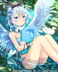  1girl angel_wings ass black_ribbon blue_eyes blush board bracelet cross eyebrows_visible_through_hair falkyrie_no_monshou hairband jewelry looking_at_viewer natsumekinoko official_art partially_submerged ribbon short_hair silver_hair solo swimsuit wings 