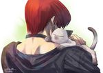  animal animal_on_shoulder cat cat_focus choker dated from_behind male_focus petting red_hair shichii_jurio signature solo the_king_of_fighters twitter_username yagami_iori 