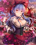  black_bow black_ribbon blush bow breasts cleavage earrings eyebrows_visible_through_hair falkyrie_no_monshou holding holding_umbrella jewelry large_breasts lavender_hair long_hair looking_at_viewer natsumekinoko official_art parasol red_eyes red_ribbon ribbon smile solo umbrella 