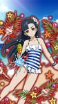  beach black_hair blush breasts brown_eyes casual_one-piece_swimsuit collarbone covered_navel day floating_hair flower gun hair_flower hair_ornament holding holding_gun holding_weapon long_hair one-piece_swimsuit outdoors owari_no_seraph shell small_breasts solo standing starfish striped striped_swimsuit sweatdrop swimsuit very_long_hair water_gun weapon white_flower yukimi_shigure 