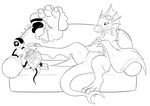  adine_(awsw) ambiguous_gender anthro anthro_on_feral bestiality chips_(food) dragon embarrassed eyewear feral food foot_fetish foot_lick goggles licking monochrome sitting size_difference smile sofa sparky_the_chu talons thought_bubble tongue tongue_out wyvern 