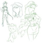  2016 anthro blush bra breasts canine cat clothed clothing dog duo feline female green_and_white hat hi_res looking_at_viewer male mammal military_uniform misha_(colo) monochrome open_shirt plagueofgripes shoulder_pads simple_background sketch small_breasts tailwag underwear uniform white_background 