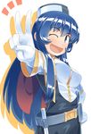  ;d belt blue_eyes blue_hair blush breasts elbow_gloves eyebrows_visible_through_hair gloves kidou_senkan_nadesico large_breasts long_hair looking_at_viewer misumaru_yurika monosenbei one_eye_closed open_mouth smile solo v white_gloves 