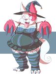  anthro bulge claws clothed clothing corset crossdressing food fruit hat hi_res legwear lingerie male nintendo pok&eacute;mon pumpkin skirt slightly_chubby slit_pupils solo stockings striped_footwear striped_legwear stripes tongue tongue_out video_games witch_hat zangoose zangusuu 