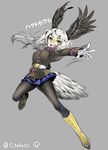  bald_eagle_(kemono_friends) belt bird_tail bird_wings black_footwear black_jacket black_legwear black_wings blonde_hair blue_skirt blush boots breast_pocket breasts buttons character_name eyebrows_visible_through_hair feathered_wings full_body gloves gradient_footwear grey_hair hair_between_eyes head_wings highres jacket kemono_friends knee_boots large_breasts long_hair long_sleeves military military_jacket military_uniform mucchiri_shiitake multicolored_footwear multicolored_hair open_mouth outstretched_arm pantyhose pleated_skirt pocket simple_background skirt solo speed_lines tail teeth twitter_username uniform upper_teeth white_belt white_gloves white_hair white_tail wings yellow_eyes yellow_footwear 