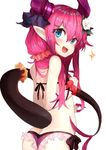  absurdres ass bangs bikini black_bikini blue_eyes butt_crack commentary_request cowboy_shot dragon_tail elizabeth_bathory_(fate) elizabeth_bathory_(fate)_(all) eyebrows_visible_through_hair fang fate/extra fate/extra_ccc fate_(series) flower frilled_bikini frills hair_between_eyes hair_flower hair_ornament hair_scrunchie highres horns long_hair looking_at_viewer looking_back open_mouth pink_hair pointy_ears purple_bikini ranf scrunchie sidelocks simple_background smile solo sweatdrop swimsuit tail white_background white_flower wrist_scrunchie 