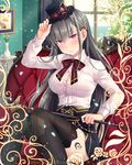  black_hair black_hat black_legwear blush bow breasts cane cleavage couch eyebrows_visible_through_hair falkyrie_no_monshou hat hat_bow hat_ribbon large_breasts long_hair looking_at_viewer natsumekinoko official_art purple_eyes red_bow red_ribbon ribbon sitting solo thighhighs top_hat 