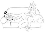  adine_(awsw) ambiguous_gender anthro chips_(food) dragon embarrassed eyewear feral food goggles monochrome sitting size_difference smile sofa sparky_the_chu talons wyvern 
