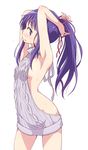  alternate_hairstyle aran_sweater armpits arms_up backless_dress backless_outfit bangs bare_shoulders breasts cowboy_shot dress eyebrows_visible_through_hair from_side hair_ribbon halterneck hinata_yukari legs_apart long_hair looking_at_viewer medium_breasts mel_(melty_pot) meme_attire naked_sweater parted_lips ponytail profile purple_eyes purple_hair red_ribbon ribbed_sweater ribbon sideboob simple_background solo standing sweatdrop sweater sweater_dress tareme turtleneck turtleneck_sweater tying_hair virgin_killer_sweater white_background yuyushiki 