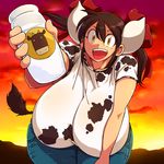  animal_print artist_name bangs bottle bow breasts brown_hair cloud commentary_request covered_nipples cow_girl cow_horns cow_print cow_tail day denim gigantic_breasts glass_bottle hair_between_eyes hair_bow hand_on_own_thigh hanging_breasts hataraki_ari highres horns looking_at_viewer milk milk_bottle open_mouth orange_sky original red_sky see-through shiny shiny_hair shiny_skin short_hair short_sleeves silhouette sky smile solo sukimi sunset tail teeth twintails wide_hips yellow_background yellow_sky 