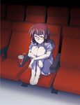  asai_(asumithi) barefoot brown_hair chair cup disposable_cup drink drinking_straw feet_on_chair full_body glasses hair_ornament hairclip hood hoodie kine-san_no_1-ri_de_cinema kine_machiko leg_hug movie_theater no_mouth official_art purple_eyes red-framed_eyewear short_hair short_shorts shorts sitting solo 