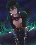  black_hair chest chest_tattoo citron_82 city fate/grand_order fate_(series) green_eyes highres long_hair looking_at_viewer male_focus night ponytail smile tattoo yan_qing_(fate/grand_order) 