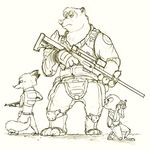  2016 anthro armor barefoot bear belt black_and_white body_armor bulletproof_vest canine clothed clothing disney dual_wielding eyewear fan_character female fox group gun handgun hi_res holding_object holding_weapon judy_hopps kneeling lagomorph looking_back male mammal monochrome nick_wilde pistol police_uniform rabbit ranged_weapon rifle shotgun simple_background size_difference sketch sniper_rifle sprinkah standing sunglasses uniform utility_belt weapon white_background zootopia 