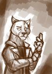  2017 anthro bluedouble brown_and_white clothed clothing cougar disney fan_character feline half-closed_eyes male mammal monochrome open_coat solo whiskers zootopia 