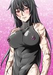  black_hair blush breasts commentary_request covered_collarbone covered_nipples large_breasts leotard long_hair m.u.g.e.n muscle muscular_female nipple_piercing nipple_rings original piercing piercing_over_clothes red_eyes samuimu scar sendai_hakurei_no_miko solo sweatdrop touhou 
