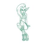  2016 alien breasts clothed clothing female footwear green_and_white hi_res humanoid knee_socks legwear looking_at_viewer lord_dominator midriff monochrome navel noseless not_furry open_mouth plagueofgripes pointy_ears shoes simple_background sitting sketch small_breasts smile socks solo wander_over_yonder white_background 