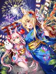  animal_ears blonde_hair bunny_ears candy_apple cotton_candy fang fireworks food fox_ears fox_mask green_eyes highres japanese_clothes kimono lantern long_hair looking_at_viewer mask mouth_hold multiple_girls night open_mouth original paper_lantern pink_hair red_eyes torii twintails usagihime yukata 