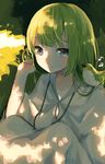  androgynous beamed_eighth_notes bird blue_eyes eighth_note enkidu_(fate/strange_fake) fate/strange_fake fate_(series) green_hair highres japanese_white-eye long_hair male_focus munuko musical_note smile solo 