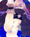  bangs black_coat blue_eyes blue_ribbon blurry covered_mouth crotch_plate dekoyama depth_of_field fate/extra fate/extra_ccc fate_(series) floating_hair hair_ribbon highres leg_up long_hair long_sleeves looking_at_viewer meltlilith navel ribbon solo split standing standing_on_one_leg standing_split thighs 