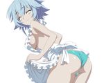  absurdres apron aqua_panties ass blue_hair breasts closed_eyes covered_nipples cowboy_shot eyebrows_visible_through_hair head_tilt highres infinite_stratos leaning_forward long_hair medium_breasts naked_apron panties sarashiki_tatenashi shinpei shiny shiny_clothes shiny_skin side_ponytail simple_background smile solo underwear vector_trace white_apron white_background 