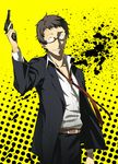  adachi_tooru arizuka_(catacombe) arm_up belt black-framed_eyewear black_hair black_jacket black_pants brown_eyes collarbone cowboy_shot dress_shirt glasses grin gun highres holding holding_gun holding_weapon jacket looking_at_viewer male_focus pants persona persona_4 shirt short_hair simple_background smile solo spoilers standing uniform very_short_hair weapon white_shirt yellow_background 