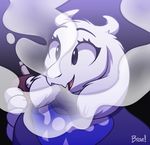 2016 anthro boss_monster braeburned caprine cellphone clothed clothing eyebrows eyelashes fangs female fur goat gradient_background hi_res holding_object holding_phone horn long_ears looking_at_viewer mammal phone simple_background smoke solo toriel undertale vapor_pen video_games white_fur 