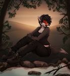  5_fingers anthro black_hair breasts canine clothed clothing detailed_background ear_piercing eyes_closed female hair mammal piercing robyn_paperdoll smile solo wolf 
