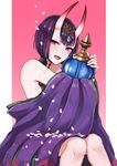  bangs banned_artist blush bottle cherry_blossoms eyebrows_visible_through_hair fangs fate/grand_order fate_(series) gradient gradient_background headpiece holding holding_bottle horns japanese_clothes kimono looking_at_viewer oni_horns open_mouth orii_(orii_i) petals pink_background purple_eyes purple_hair purple_kimono short_hair shuten_douji_(fate/grand_order) sitting smile solo teeth thick_eyebrows 