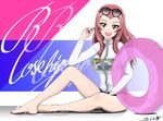  :d blush breasts brown_eyes bukkuri character_name commentary_request eyewear_on_head girls_und_panzer innertube legs long_hair medium_breasts open_mouth pink_hair rosehip smile solo sunglasses thighs zipper zipper_pull_tab 