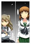  2girls bangs black_background black_bow black_neckwear black_ribbon black_skirt blouse boko_(girls_und_panzer) bow bowtie brown_eyes brown_hair casual closed_mouth comic empty_eyes evil_smile girls_und_panzer gradient gradient_background green_skirt hair_ribbon high-waist_skirt highres holding holding_stuffed_animal kaya_(nari1-24) layered_skirt light_brown_hair light_frown light_smile long_hair long_sleeves looking_at_another millipen_(medium) miniskirt multiple_girls neckerchief nishizumi_miho ooarai_school_uniform pleated_skirt ribbon school_uniform serafuku shimada_arisu short_hair side_ponytail skirt smile spoken_ellipsis standing stuffed_animal stuffed_toy suspender_skirt suspenders teddy_bear traditional_media white_blouse 