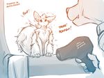  2017 anthro canine chest_tuft dialogue english_text feral fluffy fluffy_tail hair_dryer humor keidran mammal monochrome mrs_nibbly_(twokinds) poof rodent simple_background sitting sketch smile sound_effects squirrel sythe_(twokinds) text tom_fischbach tuft twokinds webcomic white_background wolf 