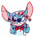  2013 3d_glasses 4_fingers alien blue_claws blue_eyes blue_fur blue_nose bow_tie chest_tuft claws crayon-chewer digital_media_(artwork) disney experiment_(species) fur grin head_tuft lilo_and_stitch looking_at_viewer notched_ear one_eye_closed simple_background smile solo star stitch tuft white_background wink 