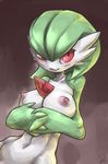  1girl artist_name atryl blush breasts brown_background collarbone gardevoir green_hair hair_over_one_eye hands_together highres large_breasts looking_up navel nipples no_humans pokemon pokemon_(creature) pokemon_rse red_eyes short_hair signature simple_background smile solo text 