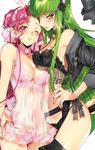  animal_ears black_bra black_legwear blush bra breasts bunny_ears c.c. cleavage code_geass covered_nipples creayus euphemia_li_britannia green_hair hairband lingerie long_hair medium_breasts multiple_girls nail_polish negligee one_eye_closed panties pink_bra pink_eyes pink_hair pink_panties shiny shiny_skin tail underwear yellow_eyes 